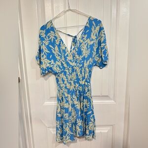 Millibon Blue and Cream Floral Wrap-Style Midi Dress